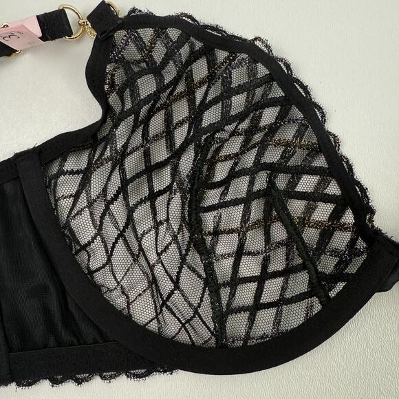 Victorias Secret Gold Chain Mesh Glitter Unlined Low Cut Black Demi Bra 32DD - Picture 7 of 12
